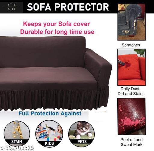 Beautiful Plain Elastic Frill Five Seater Sofa Cover (Brown,3+1+1) - Piktocart