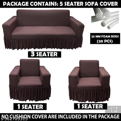 Beautiful Plain Elastic Frill Five Seater Sofa Cover (Brown,3+1+1) - Piktocart
