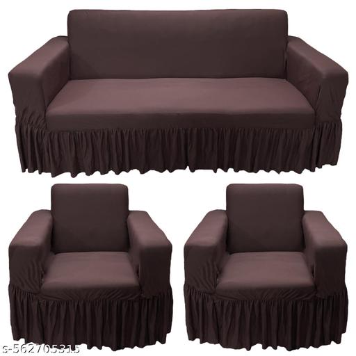 Beautiful Plain Elastic Frill Five Seater Sofa Cover (Brown,3+1+1) - Piktocart