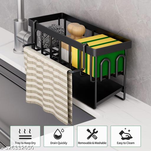 Blink Basket Sink Caddy Sponge Holder With Hook for Rag and Self Drain Tray, Rustproof Kitchen Organizer, Soap Dispenser Storage Accessories - Piktocart
