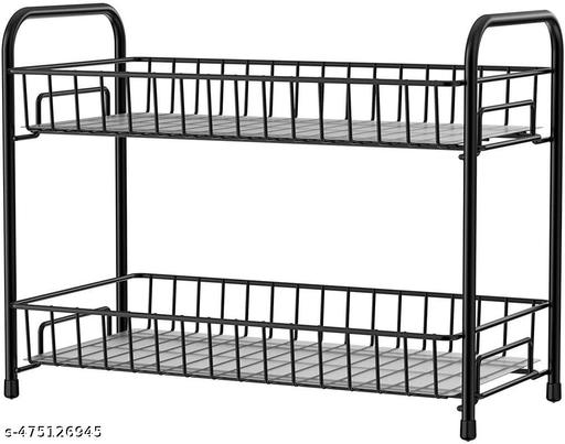 DEKO Spice Rack Organizer for Countertop 2 Tier Counter Shelf Standing Holder Storage for Kitchen Cabine With shelf liner - Black (Metal, Black), Tiered Shelf - Piktocart