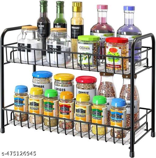DEKO Spice Rack Organizer for Countertop 2 Tier Counter Shelf Standing Holder Storage for Kitchen Cabine With shelf liner - Black (Metal, Black), Tiered Shelf - Piktocart