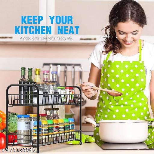 DEKO Spice Rack Organizer for Countertop 2 Tier Counter Shelf Standing Holder Storage for Kitchen Cabine With shelf liner - Black (Metal, Black), Tiered Shelf - Piktocart