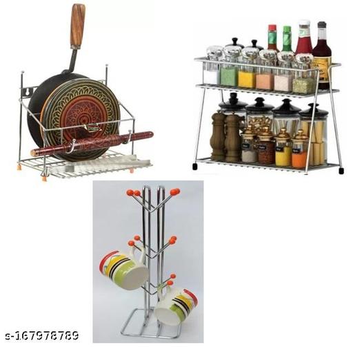 COMBO OF Spice rack + 4 in 1 chakla belan stand + orange v shape cup stand - Piktocart