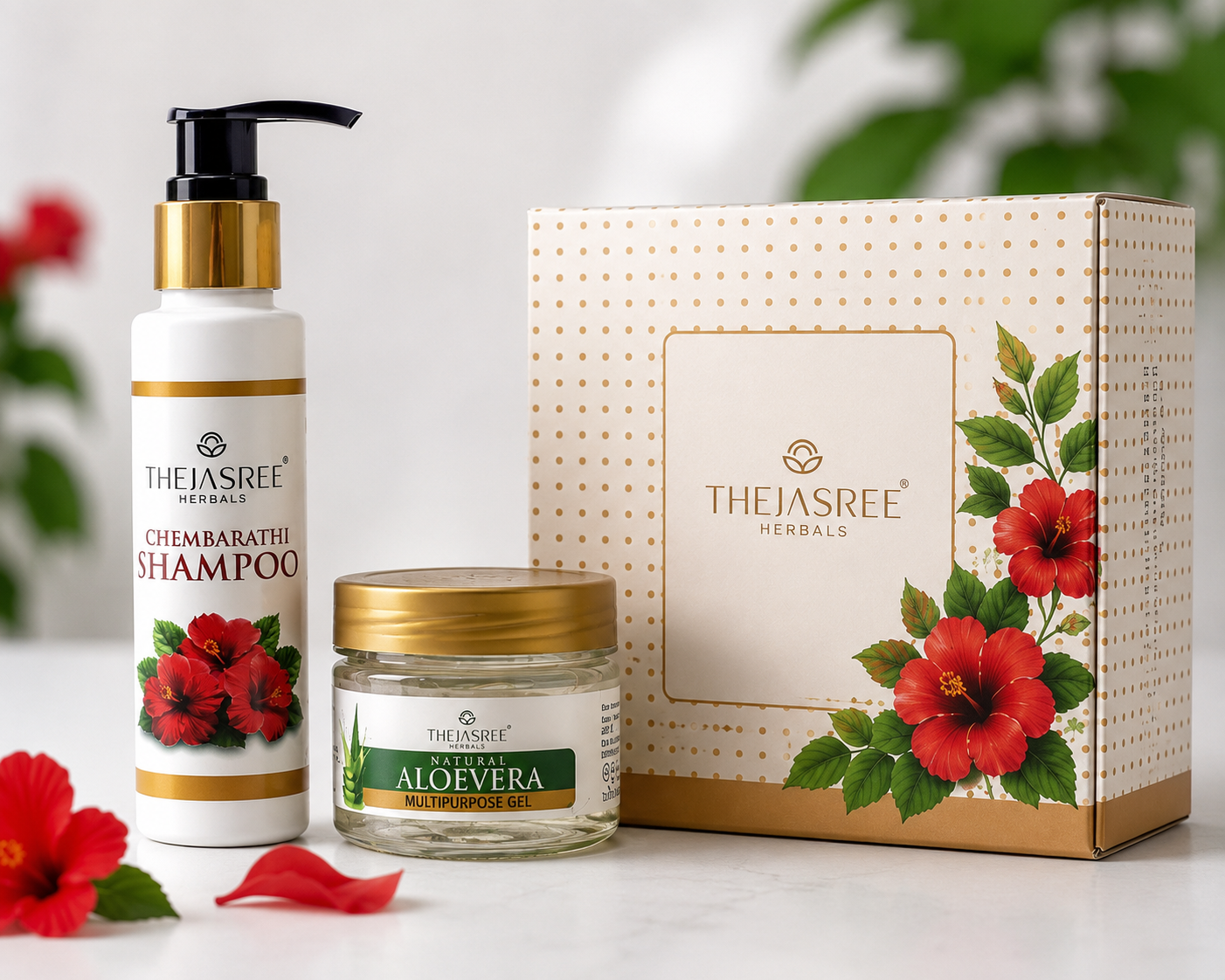 Thejasree Herbal Hair Care Gift Box | Chembarathi Shampoo + Aloe Vera Multipurpose Gel - Piktocart