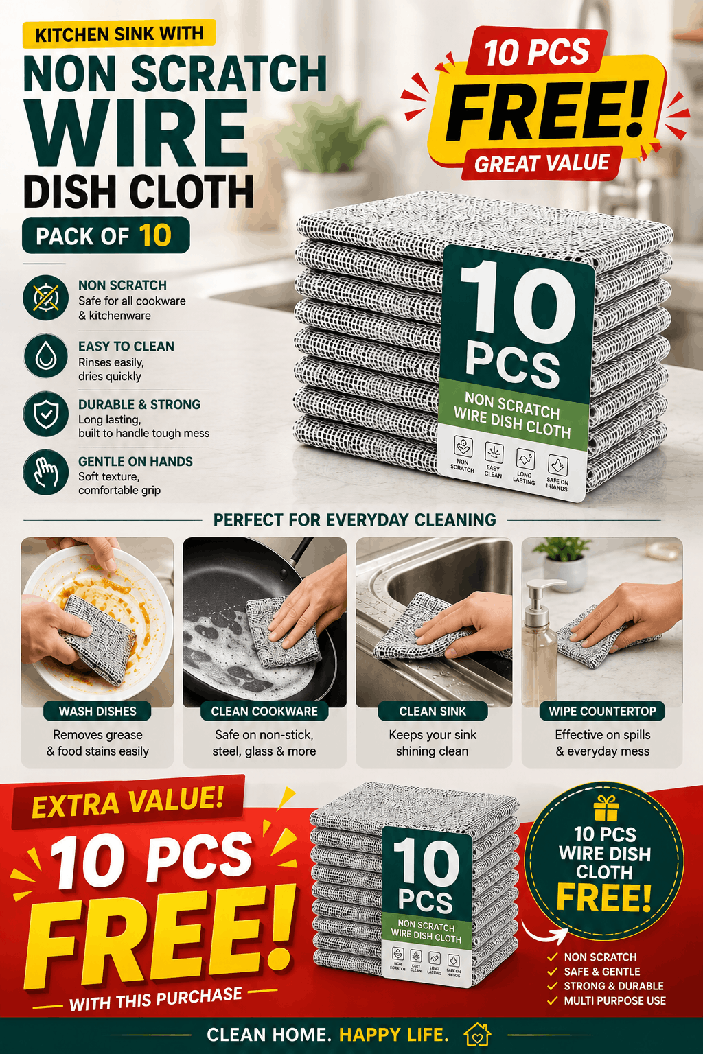 3 in 1 Soap Pump Dispenser Dish Soap Liquid Dispenser Sponge Holder Dish Soap Dispenser for Kitchen Sink With Non Scratch Wire Dish Cloth (Pack of 10), Steel Scrubber for Utensils Cleaning, Multipurpose Wet and Dry Cleaning - Piktocart
