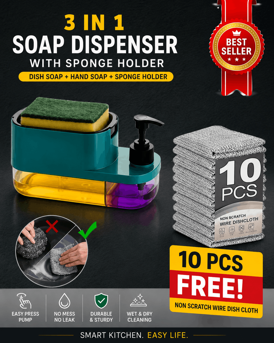 3 in 1 Soap Pump Dispenser Dish Soap Liquid Dispenser Sponge Holder Dish Soap Dispenser for Kitchen Sink With Non Scratch Wire Dish Cloth (Pack of 10), Steel Scrubber for Utensils Cleaning, Multipurpose Wet and Dry Cleaning - Piktocart