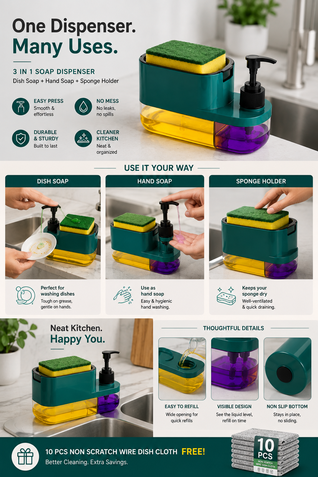 3 in 1 Soap Pump Dispenser Dish Soap Liquid Dispenser Sponge Holder Dish Soap Dispenser for Kitchen Sink With Non Scratch Wire Dish Cloth (Pack of 10), Steel Scrubber for Utensils Cleaning, Multipurpose Wet and Dry Cleaning - Piktocart
