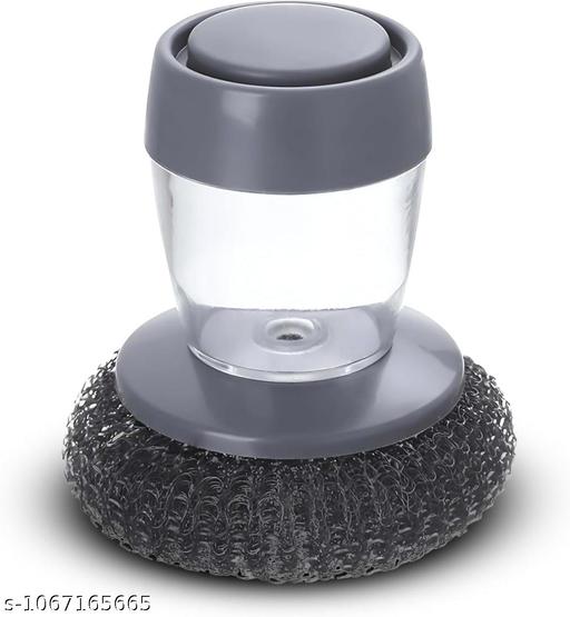 Kitchen Soap Dispensing Palm Brush with Steel Scrubber | Push Button Dish Cleaning Brush for Sink, Pots & Utensils (Pack of 1) - Piktocart