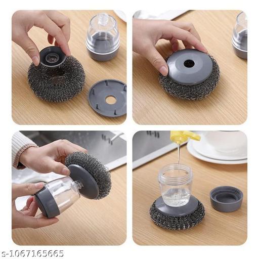 Kitchen Soap Dispensing Palm Brush with Steel Scrubber | Push Button Dish Cleaning Brush for Sink, Pots & Utensils (Pack of 1) - Piktocart