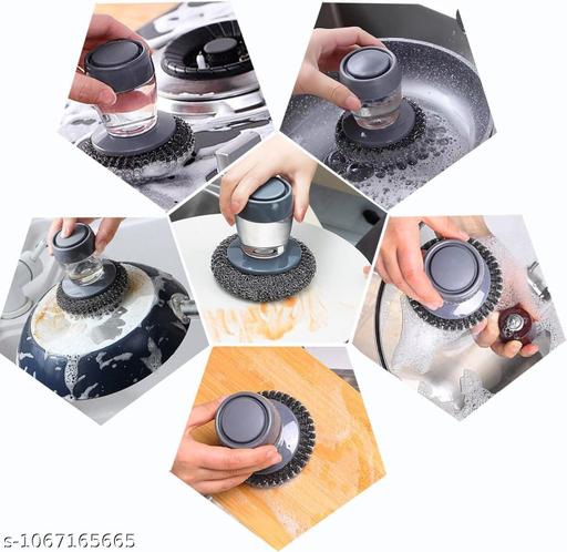 Kitchen Soap Dispensing Palm Brush with Steel Scrubber | Push Button Dish Cleaning Brush for Sink, Pots & Utensils (Pack of 1) - Piktocart