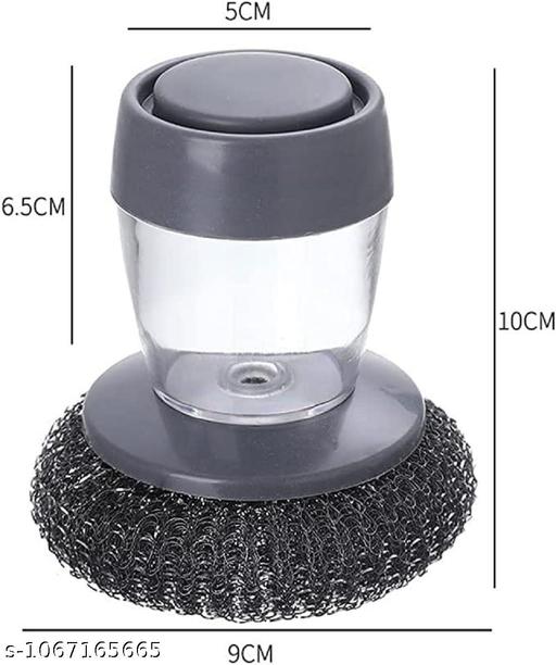 Kitchen Soap Dispensing Palm Brush with Steel Scrubber | Push Button Dish Cleaning Brush for Sink, Pots & Utensils (Pack of 1) - Piktocart
