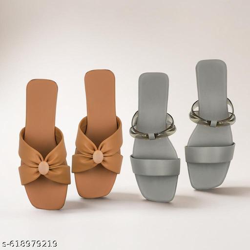 Stylish Women Footwear Combo – Fancy Strap Grey Flats & Elegant Bow Design Brown Sandals – Pack of 2 Under 299 - EliteAura.Store