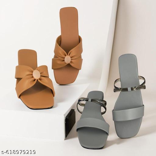 Stylish Women Footwear Combo – Fancy Strap Grey Flats & Elegant Bow Design Brown Sandals – Pack of 2 Under 299 - EliteAura.Store