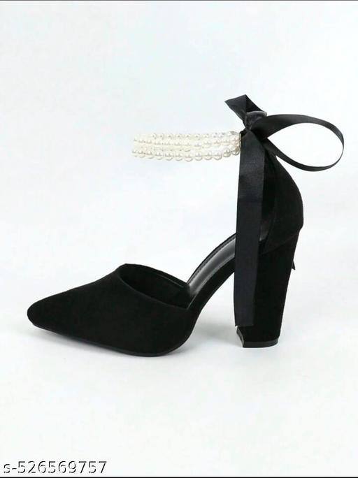 Women's Elegant Black Faux Suede Pointed Toe Chunky Heel Pumps With Faux Pearls & Bowknots Beaded Decoration For Party Or Festival And Dress Shoes, Ankle Strap Closed-Toe Sandals For Spring, Summer And Autumn - EliteAura.Store