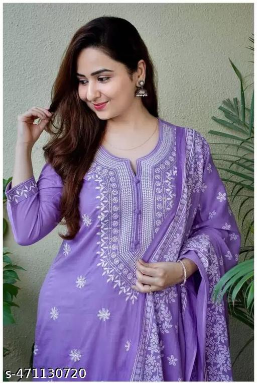 A Trending Women's Lavender Embroidered Cotton Kurta Set with Dupatta, Pastel Purple Straight Fit Kurti Pant Set with Heavy Embroidered Dupatta, Elegant Mauve Chikankari Style Cotton Salwar Suit Set for Women (Pack of 3) - EliteAura.Store