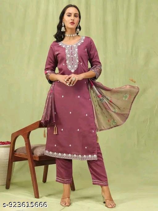 NEW TRENDING WOMEN'S EMBROIDERED RYON BLEND CALF LENGTH STRAIGHT KURTA  TROUSER WITH DUPATTA SET - EliteAura.Store