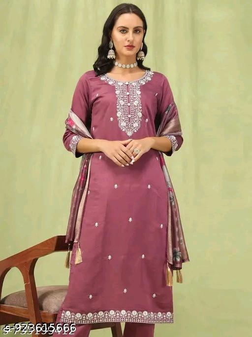 NEW TRENDING WOMEN'S EMBROIDERED RYON BLEND CALF LENGTH STRAIGHT KURTA  TROUSER WITH DUPATTA SET - EliteAura.Store