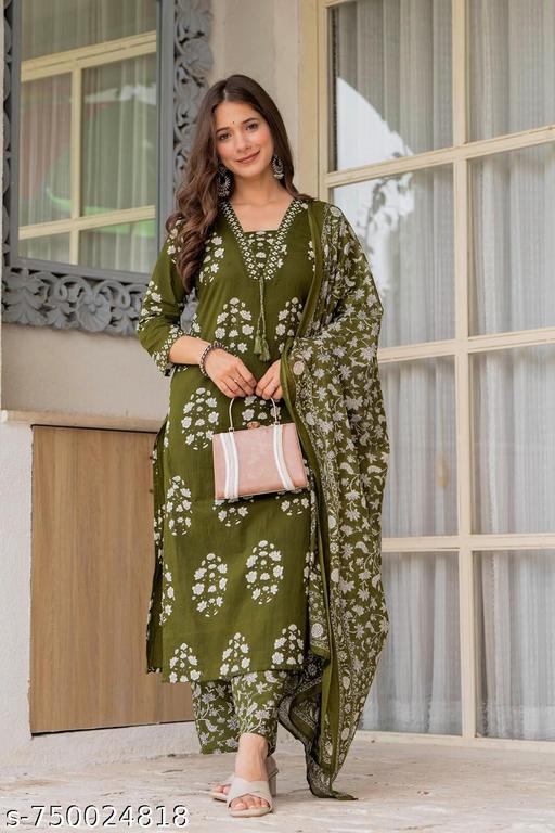 Womans Cotton Rayon Hand Block Printed Kurta Pant Set With Printed Dupatta 