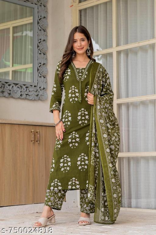 Womans Cotton Rayon Hand Block Printed Kurta Pant Set With Printed Dupatta  - PrimeDeals