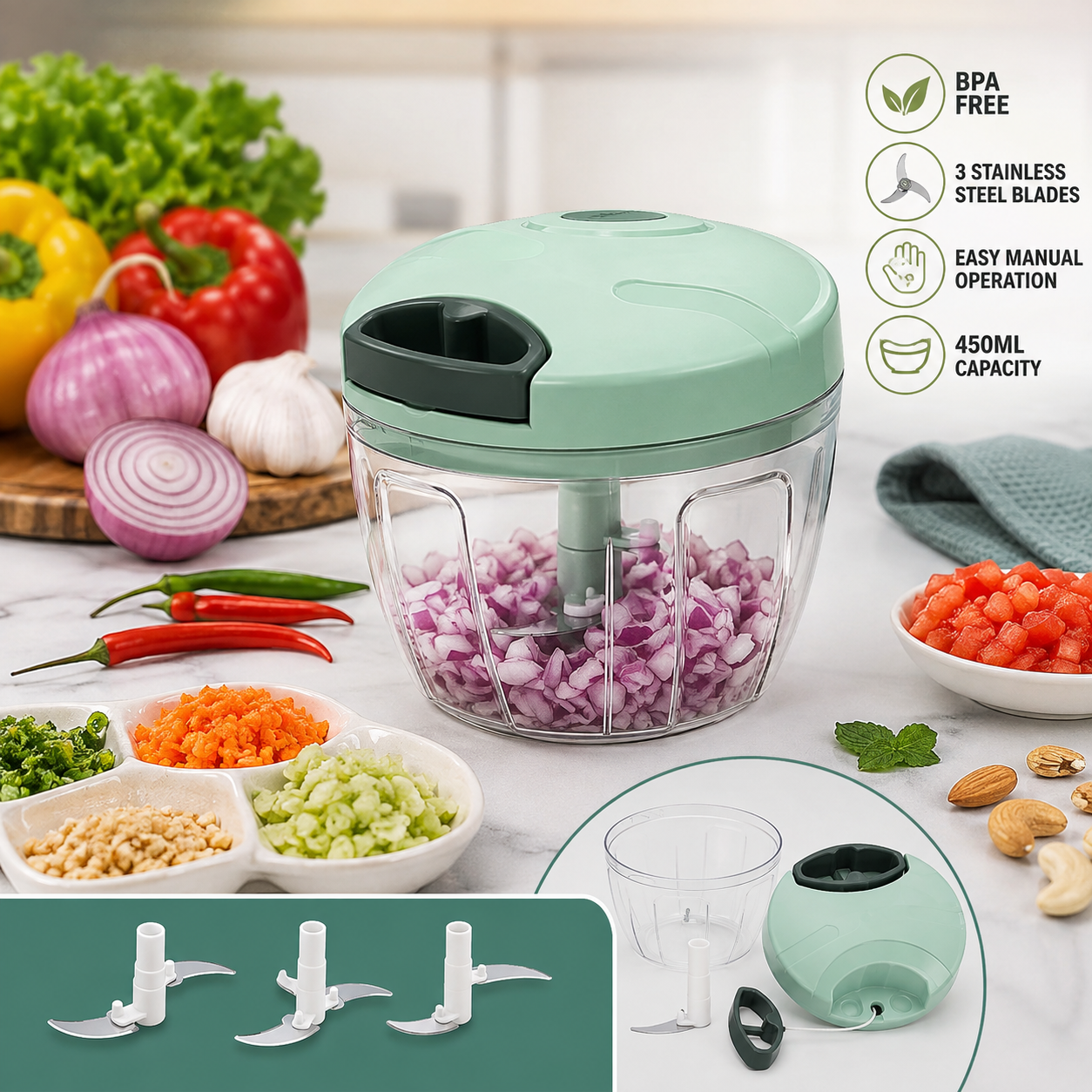 vegetable & fruit chopper, smart cutter Mirchi Cutter Hand Chopper Vegetable Cutter, BPA-free Food Processor with 3 Removable Blades For Chopping & Mincing, Manual Vegetable Cutter , Dry Fruit and Onion , tomato Handy Chopper 450ML Vegetable Chopper quick cutter Hand Blenders 