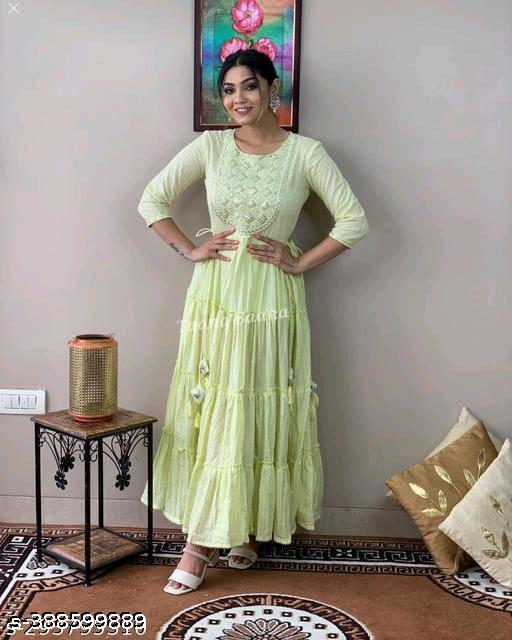  Light Green Fashionable Gown, COTTON GREEN GOWN, EMBROIDERY FLARED ANARKALI GOWN,  GREEN KURTI  GREEN EMBRODRY GOWN WITH BEAUTIFUL TESSLES  MIRROR WORK GOWN  - PrimeDeals