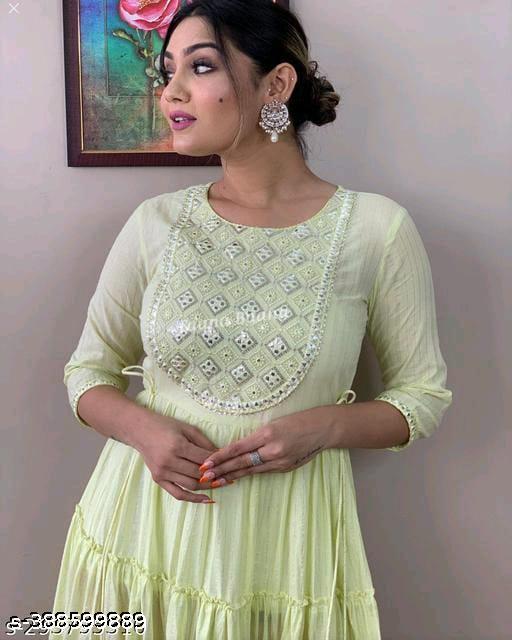 Light Green Fashionable Gown, COTTON GREEN GOWN, EMBROIDERY FLARED ANARKALI GOWN,  GREEN KURTI  GREEN EMBRODRY GOWN WITH BEAUTIFUL TESSLES  MIRROR WORK GOWN  - PrimeDeals