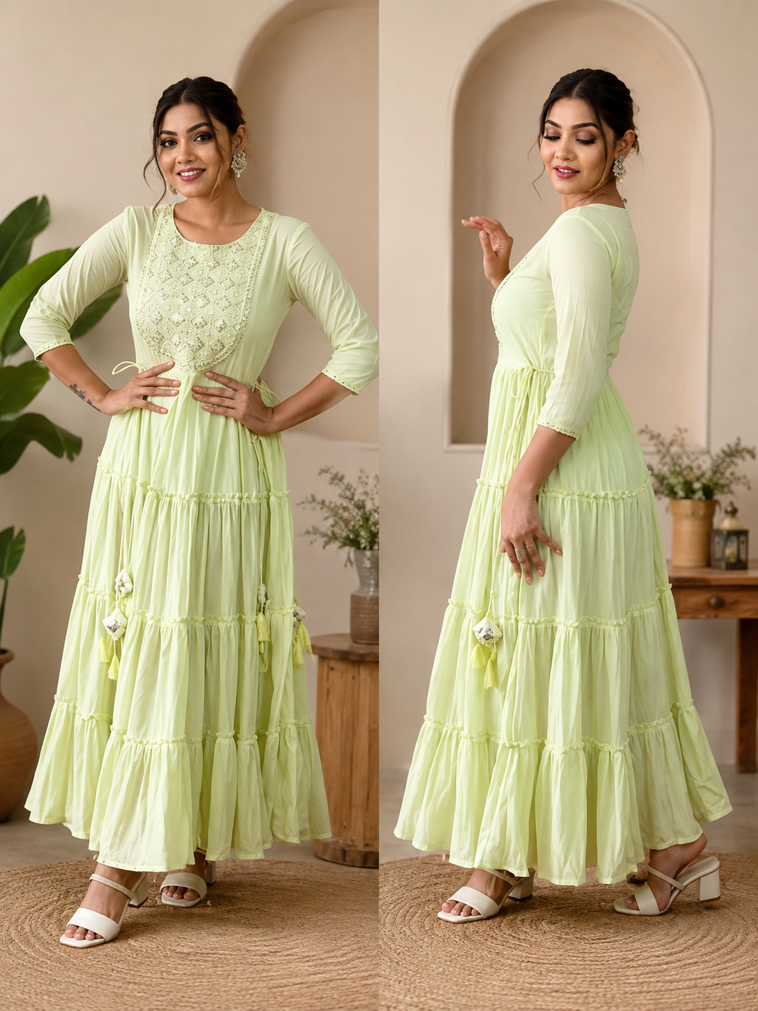  Light Green Fashionable Gown, COTTON GREEN GOWN, EMBROIDERY FLARED ANARKALI GOWN,  GREEN KURTI  GREEN EMBRODRY GOWN WITH BEAUTIFUL TESSLES  MIRROR WORK GOWN  - PrimeDeals