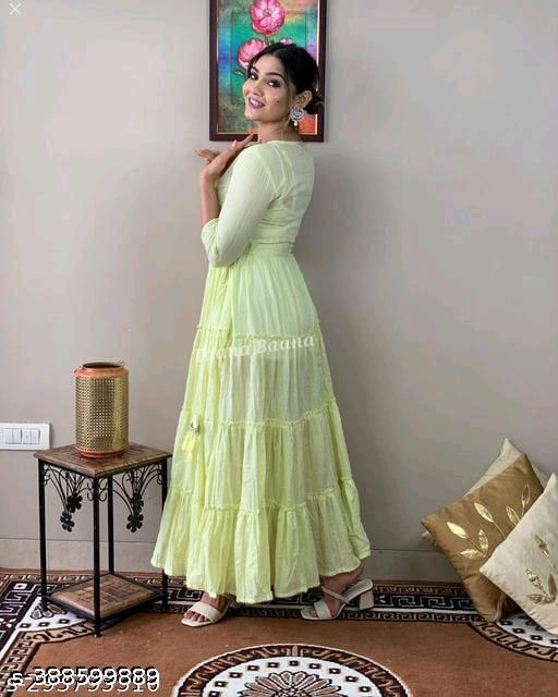  Light Green Fashionable Gown, COTTON GREEN GOWN, EMBROIDERY FLARED ANARKALI GOWN,  GREEN KURTI  GREEN EMBRODRY GOWN WITH BEAUTIFUL TESSLES  MIRROR WORK GOWN  - PrimeDeals