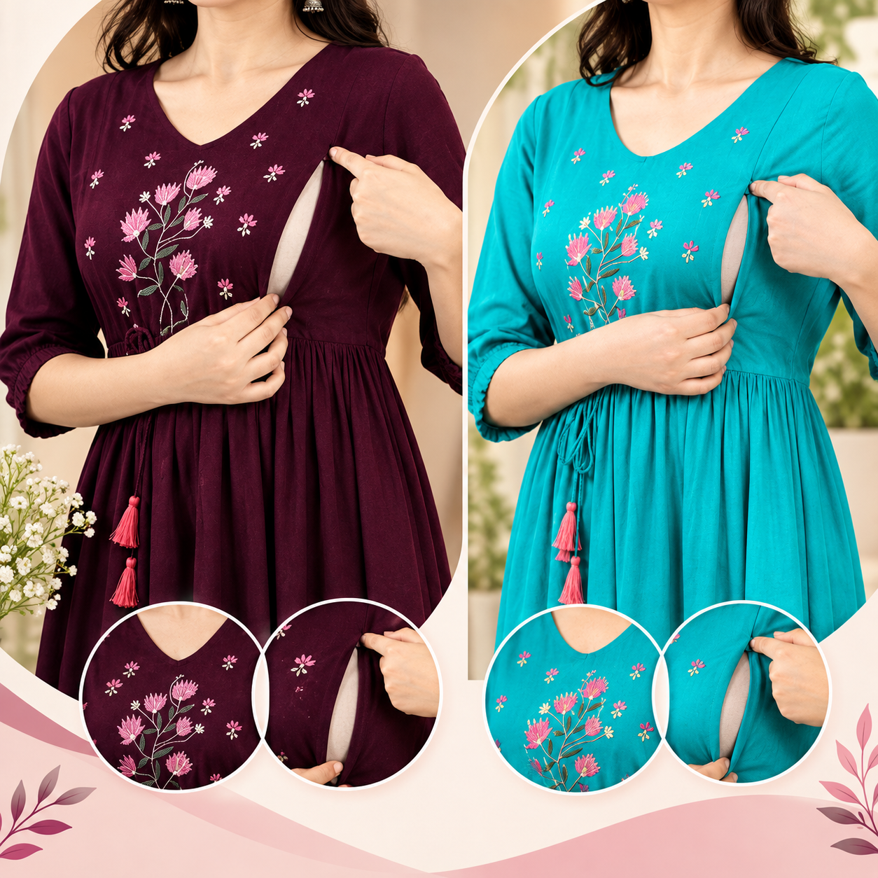 Krishan Creation Combo Trendy Beautiful Embroidery Feeding Maternity Kurti Both Side Zip Anarkali Pack of 2 - PrimeDeals