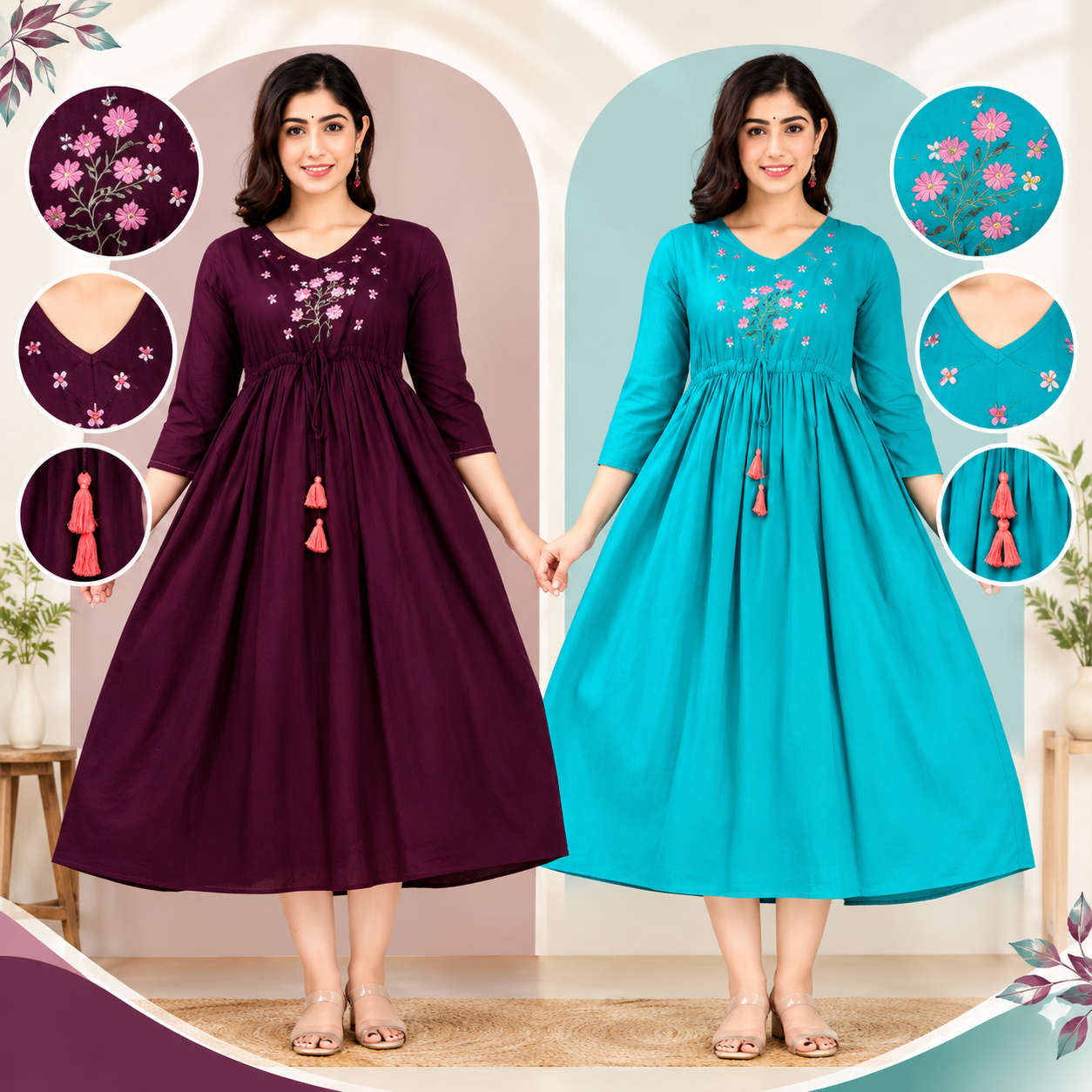 Krishan Creation Combo Trendy Beautiful Embroidery Feeding Maternity Kurti Both Side Zip Anarkali Pack of 2 - PrimeDeals