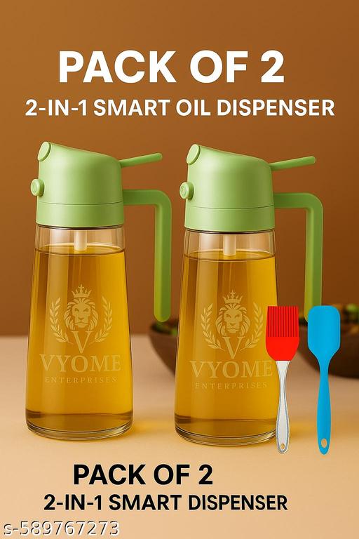 Vyome Pack of 2 – 2-in-1 Smart Oil Dispenser Bottle with Free Oil Brush & Spatula | Stylish Glass Olive Oil Vinegar Pouring Bottle for Kitchen - PrimeDeals
