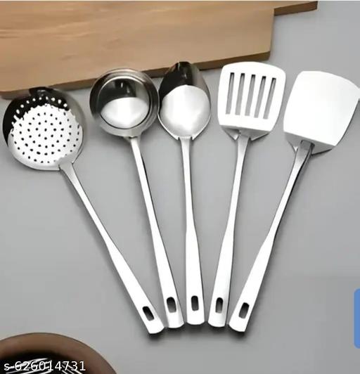 5 Pieces Stainless Steel Kitchen Tools for Cooking & Serving, Basting Spoon (Chamcha), Ladle(Karchhi), Slotted Turner, Skimmer(Jhara), Turner/Spatula (Palta),  - PrimeDeals