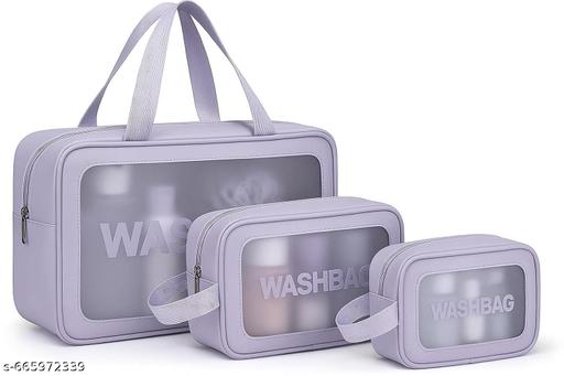  Pvc Travel Makeup Pouch Set Toiletry Bag Cosmetic Organizer Bag for Women and Girls Toiletry Storage Kit Set of 3 (WASHBAG - PURPLE) - PrimeDeals