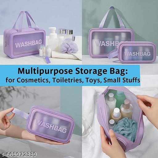  Pvc Travel Makeup Pouch Set Toiletry Bag Cosmetic Organizer Bag for Women and Girls Toiletry Storage Kit Set of 3 (WASHBAG - PURPLE) - PrimeDeals
