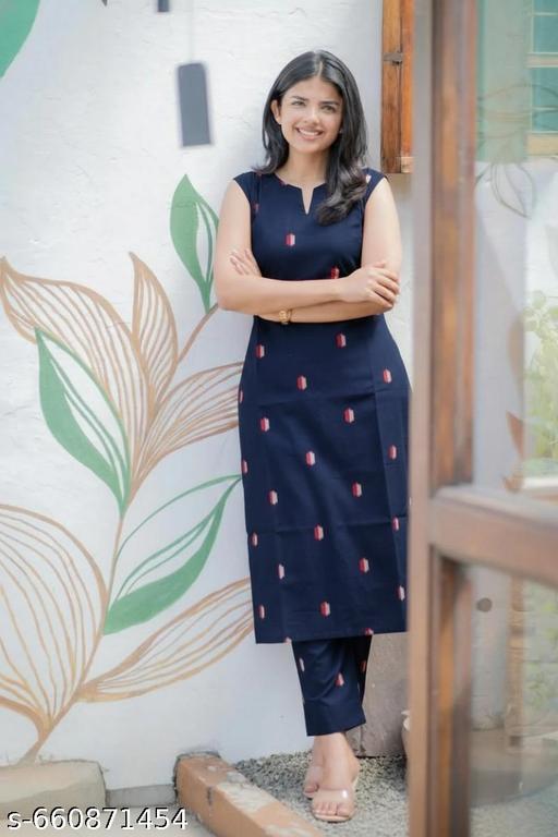 "Navy Blue Sleeveless Kurti Pant Set for Women - Office Wear Printed Ethnics Suit" - PrimeDeals
