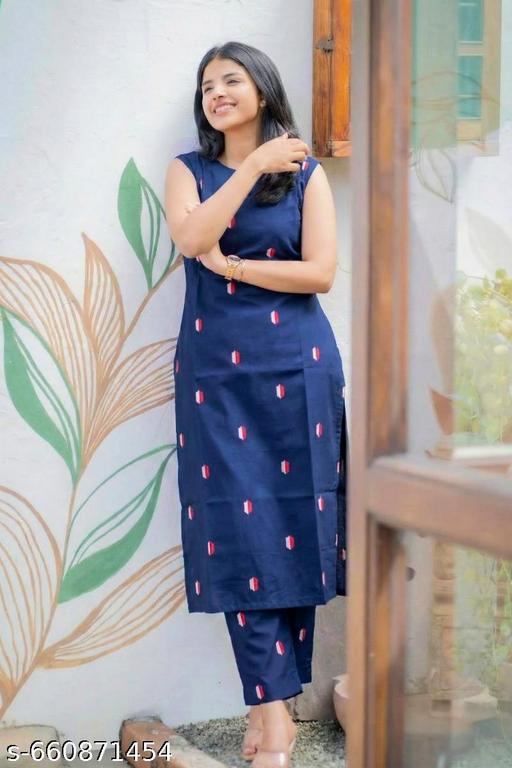 "Navy Blue Sleeveless Kurti Pant Set for Women - Office Wear Printed Ethnics Suit" - PrimeDeals