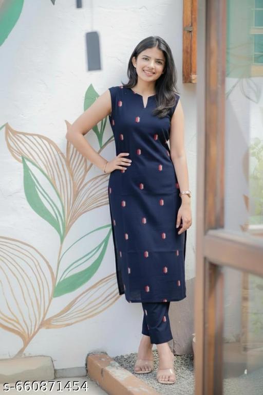 "Navy Blue Sleeveless Kurti Pant Set for Women - Office Wear Printed Ethnics Suit" - PrimeDeals