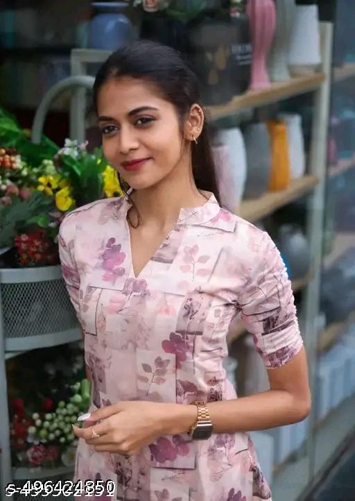 “Women’s Stylish Pink Floral Printed Kurti with V-Neck & Half Sleeves” - PrimeDeals