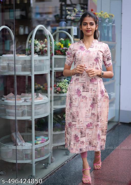 “Women’s Stylish Pink Floral Printed Kurti with V-Neck & Half Sleeves” - PrimeDeals