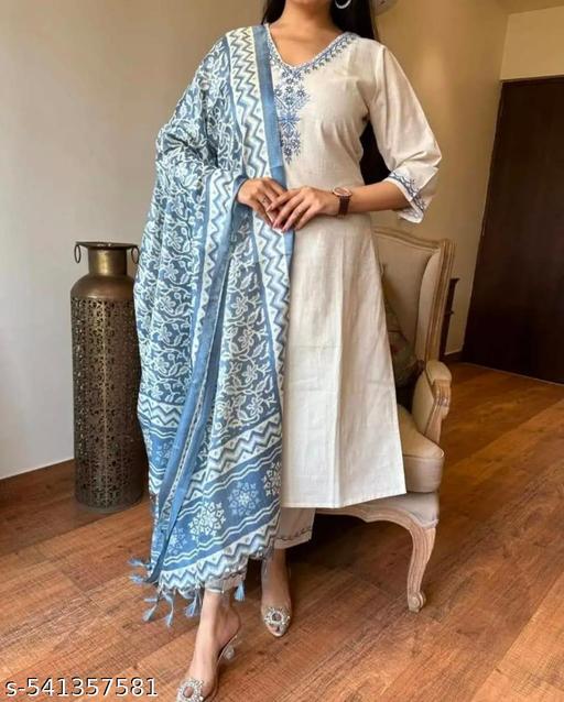 women ethenic cotton kurta pant and dupatta set - PrimeDeals