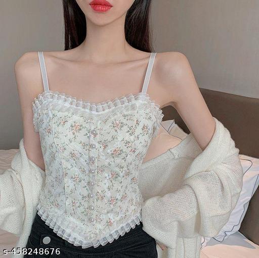 Girl's Stylish Western Printed Tops Lace Crop Top Adjustable Straps, Lightly Padded (White) - scopyin