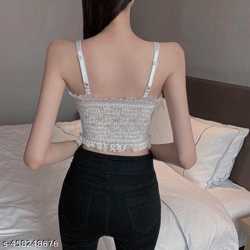 Girl's Stylish Western Printed Tops Lace Crop Top Adjustable Straps, Lightly Padded (White) - scopyin