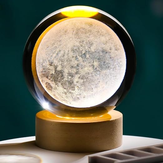 3D Crystal Moon Lamp | Engraved Crystal Ball LED Night Light with Wooden Base, USB Powered | Romantic Home Décor & Valentine Day Gift for Her, Him & Couples - Shiva Nandhini 