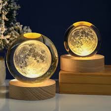 3D Crystal Moon Lamp | Engraved Crystal Ball LED Night Light with Wooden Base, USB Powered | Romantic Home Décor & Valentine Day Gift for Her, Him & Couples - Shiva Nandhini 