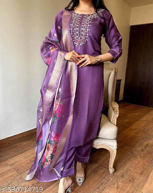Stylish Embroidered Kurti Pant Dupatta Set for Women | Dark Pink Ethnic Suit | Georgette Dupatta | Festive Wear Kurta Set | 3 Piece Combo**