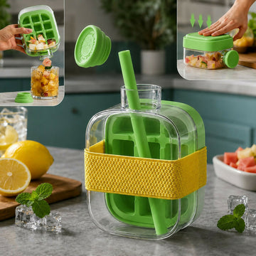 Leakproof Green Ice Cube Tray Bottle with Straw & Silicone Sleeve - Totnox 