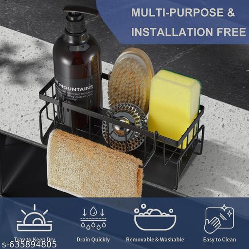 Rustproof Kitchen Sink Organizer Rack for Sponge, Soap & Scrubber/ kitchen sink organizer/ sink caddy sponge holder/ soap holder/ scrubber holder/ kitchen rack (Black, Pack of 1) - TrendKart 