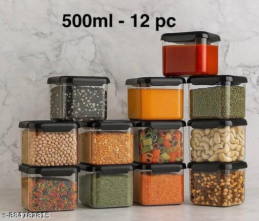 ( PACK OF 12 ) High Quality Unbreakable Aire Tight Square Shape 500ml Kitchen Storage Container, Food Storage container, Cereal Dispenser, Snacks Container, Plastic Grocery Container (Set Of-12 --- 500ml Black) - TrendKart 