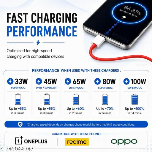  USB Type C Cable 8 A 1 m TPE 80W  Fast Charger Cable Supports VOOC/WARP/DASH/SUPERVOOC Charger Cable (Compatible With Oneplus, oppo, realme, narzo, vivo, samsung, , , redmi, poco, Red,  White, One Cable) - TrendKart 